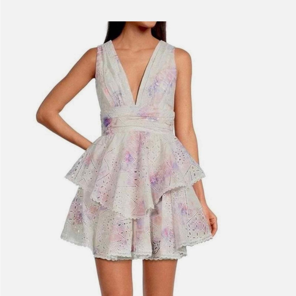Gianni Bini V-Neck Layered Mini Dress in White and Pink